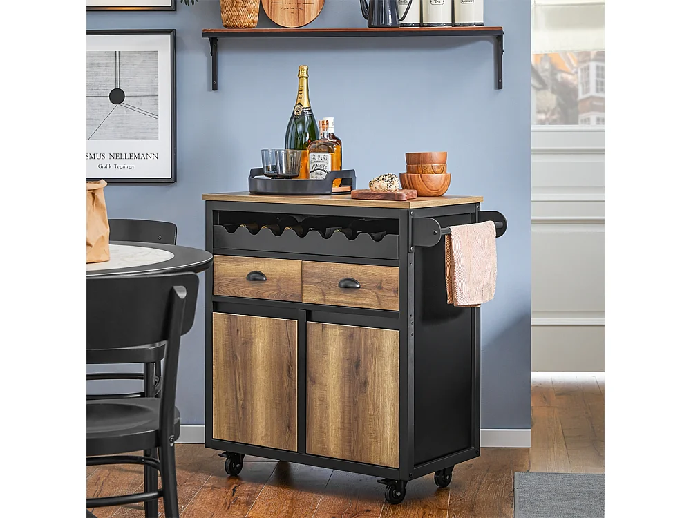 SoBuy FKW122-SCH Desserte de Cuisine à roulettes Chariot de Cuisine îlot de Cuisine, 1 Porte-Bouteilles, 2 Tiroirs et 2 Portes
