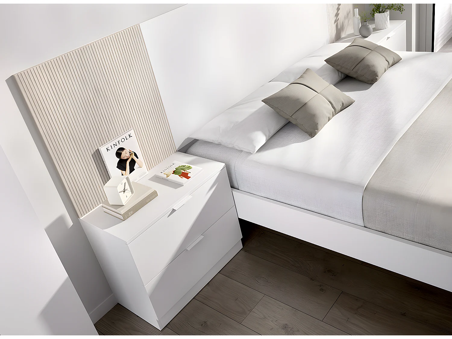 Ensemble de Tête de lit avec 2 tables de chevet de 2 tiroirs coloris imitation lamelles, blanc  - Longueur 258 x Profondeur 34 x Hauteur 96 cm