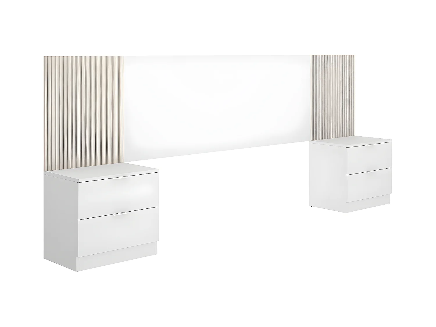 Ensemble de Tête de lit avec 2 tables de chevet de 2 tiroirs coloris imitation lamelles, blanc  - Longueur 258 x Profondeur 34 x Hauteur 96 cm