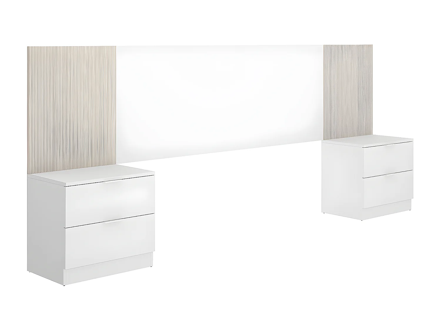 Ensemble de Tête de lit avec 2 tables de chevet de 2 tiroirs coloris imitation lamelles, blanc  - Longueur 258 x Profondeur 34 x Hauteur 96 cm