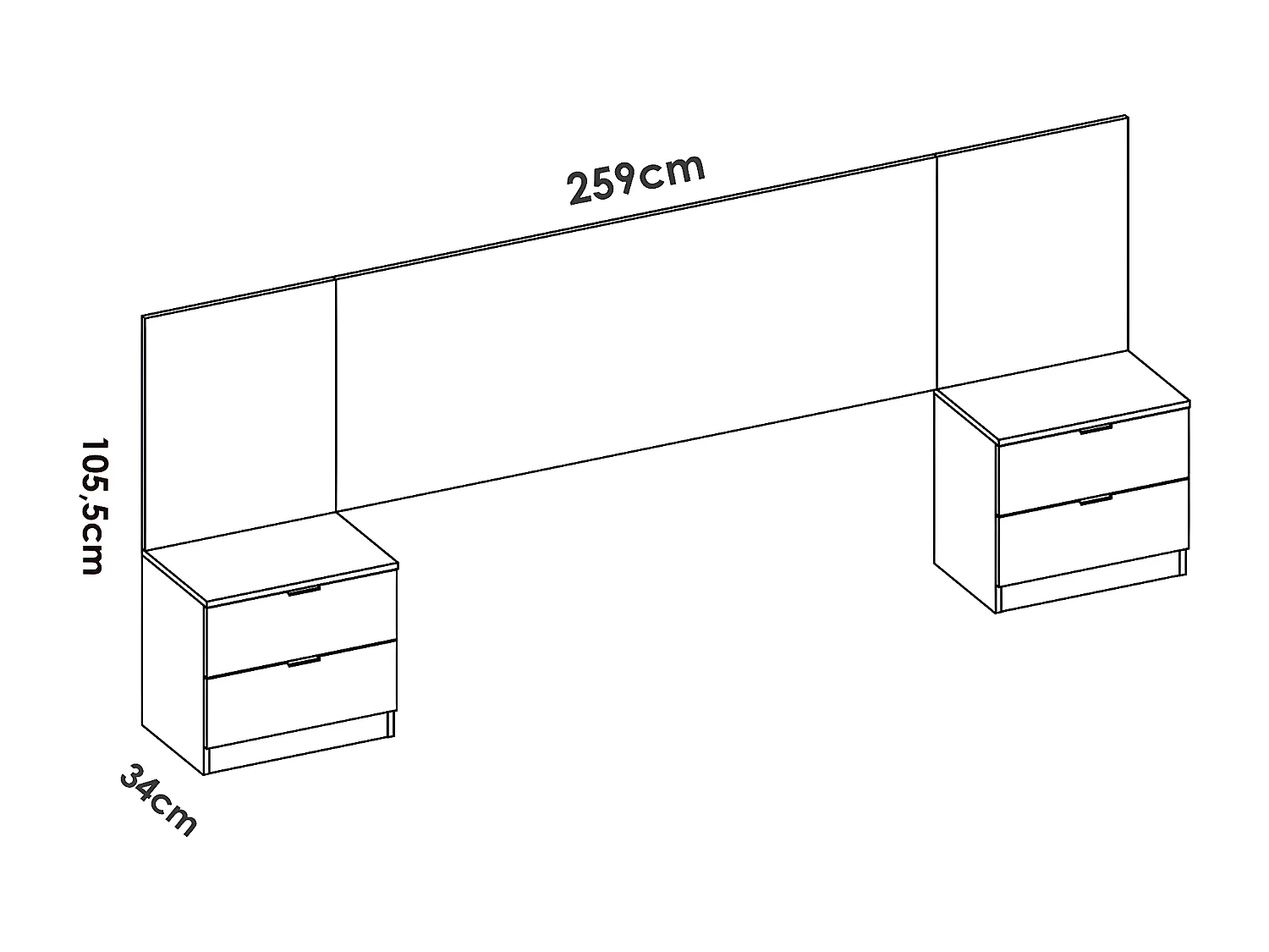 Ensemble de Tête de lit avec 2 tables de chevet de 2 tiroirs coloris imitation lamelles, blanc  - Longueur 258 x Profondeur 34 x Hauteur 96 cm