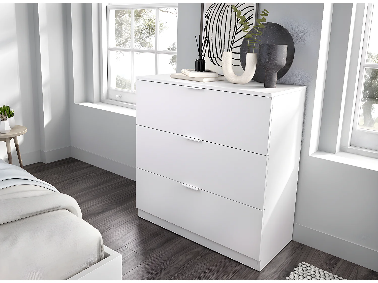 Commode, meuble de rangement pour enfant avec 3 tiroirs en bois coloris blanc -  Longueur 81 x Profondeur 39 x Hauteur 82 cm