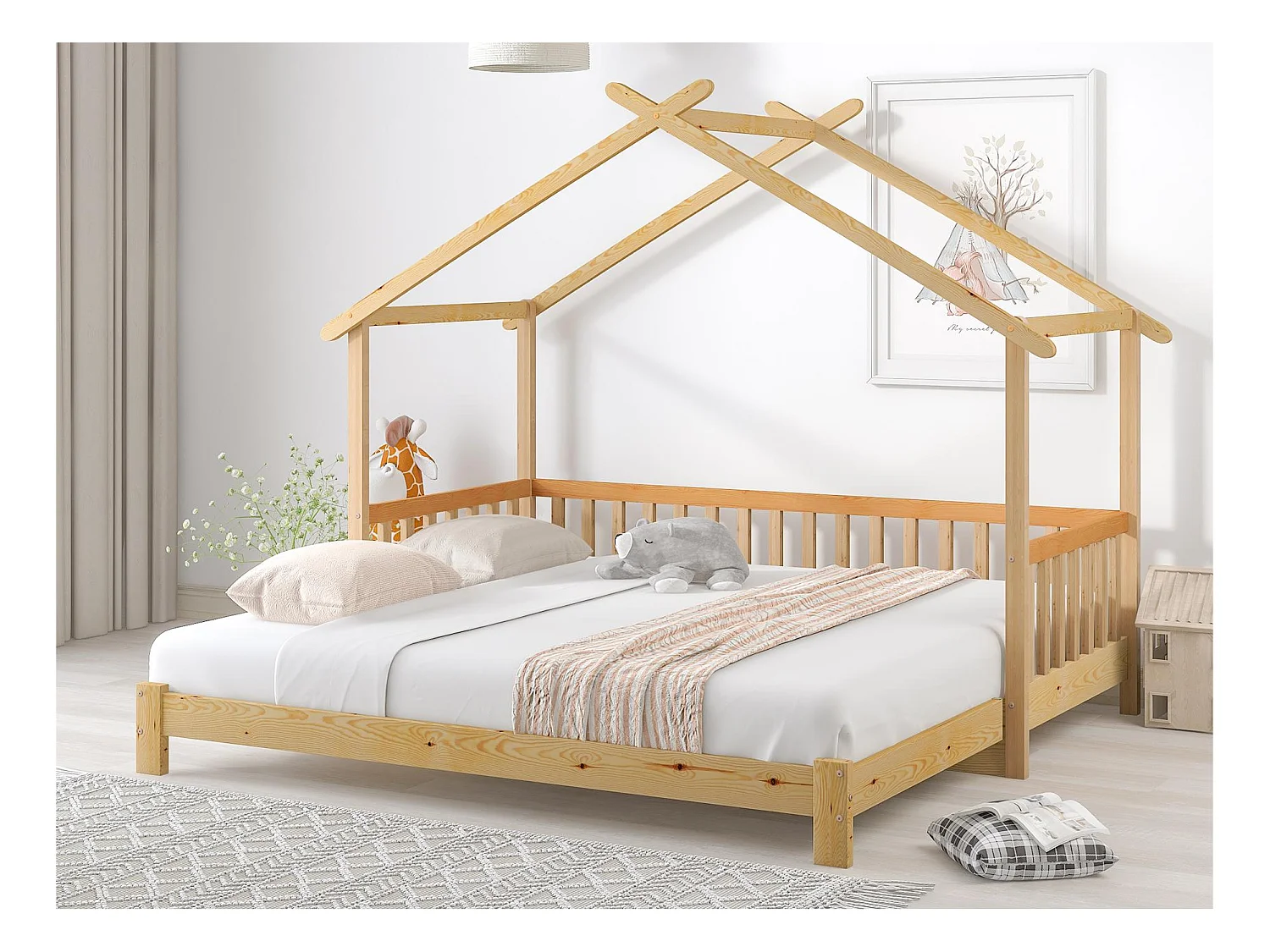 Lit gigogne - lit cabane pour enfant 90(180)x200cm en bois massif - Naturel