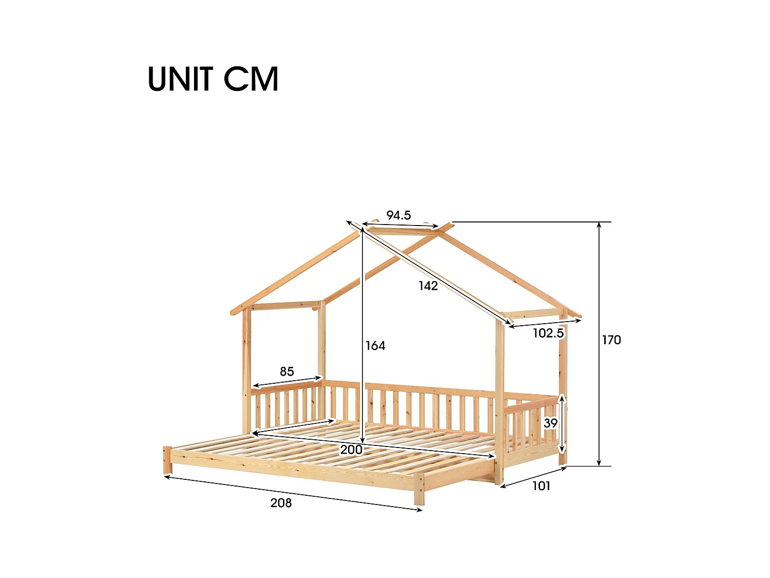 Ausziehbett – Hochbett für Kinder 90(180)x200cm aus Massivholz – Natur