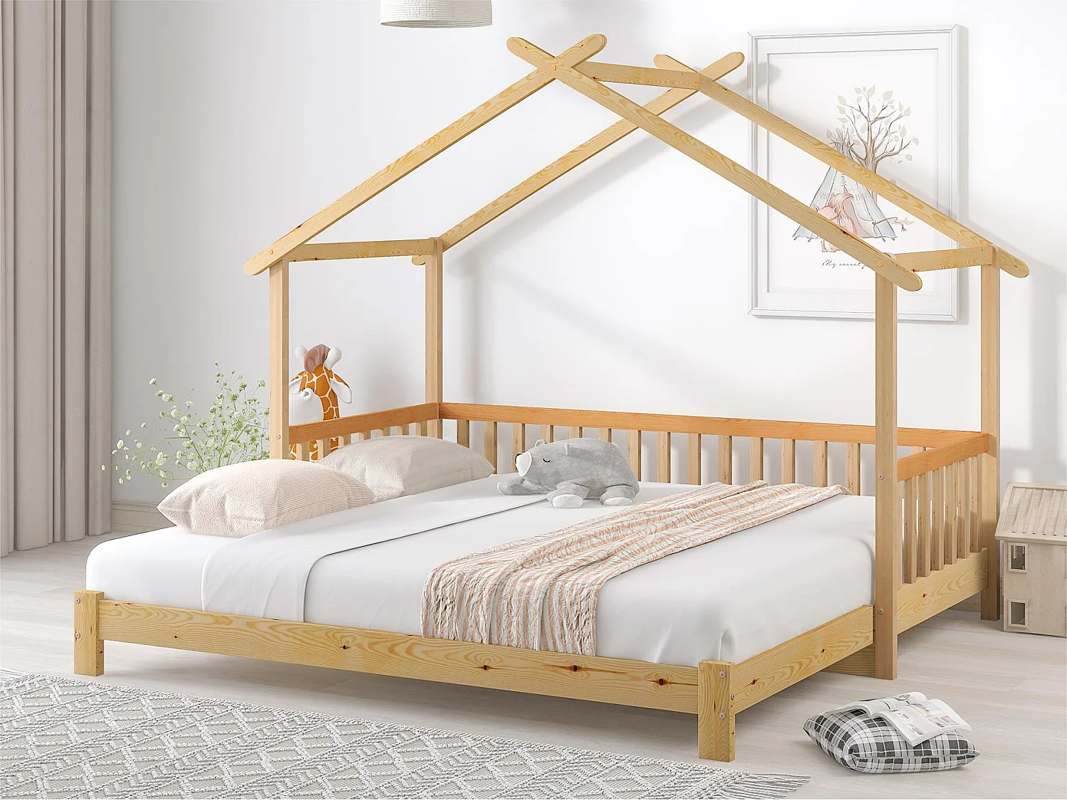 Lit gigogne - lit cabane pour enfant 90(180)x200cm en bois massif - Naturel