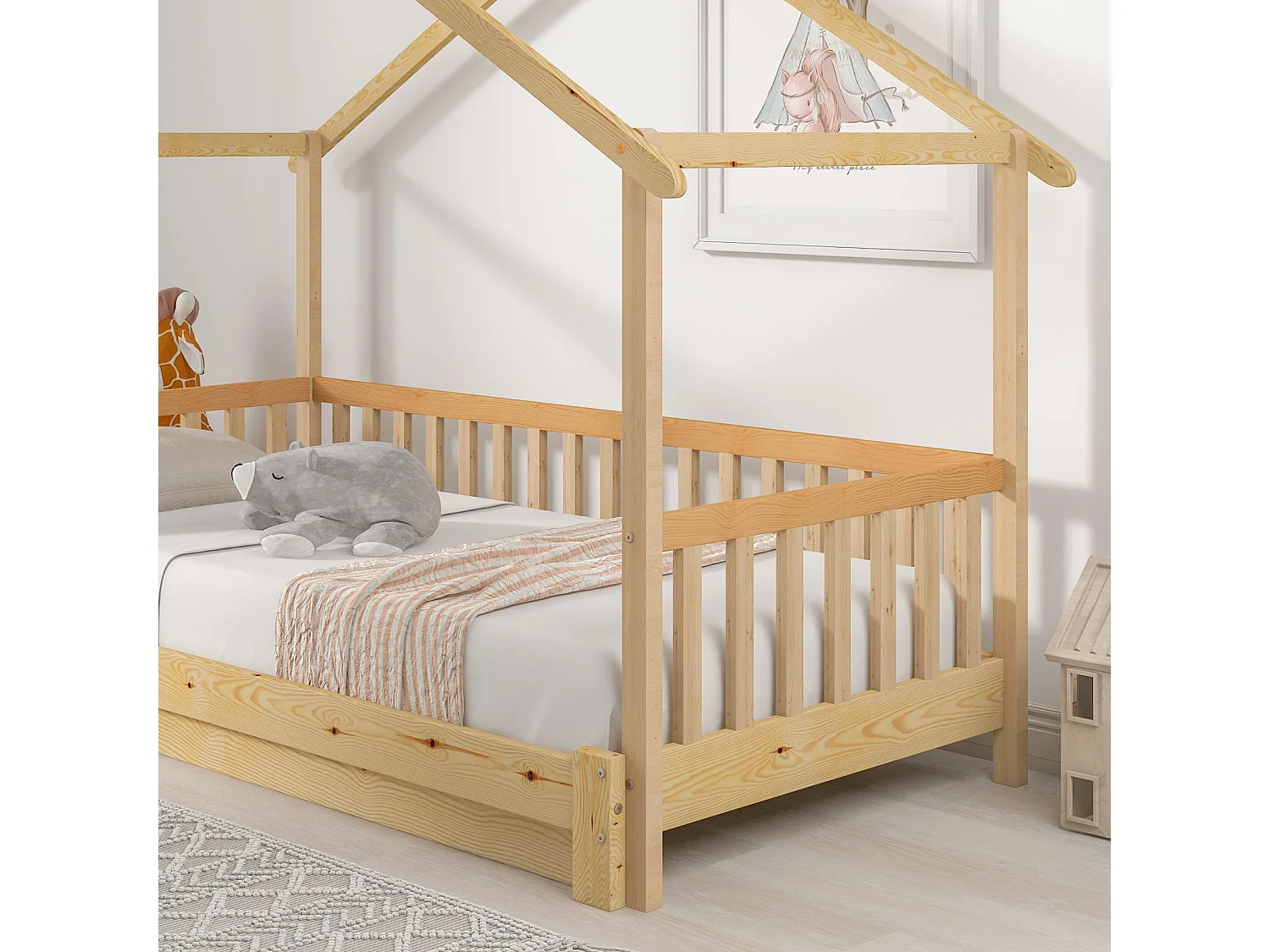 Lit gigogne - lit cabane pour enfant 90(180)x200cm en bois massif - Naturel