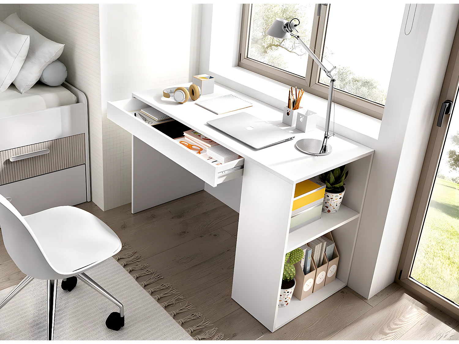 Meuble de bureau, table de bureau pour enfant en bois mélaminé avec 1 étagère et 1 tiroir coloris blanc - Longueur 115 x Profondeur 50 x Hauteur 74 cm