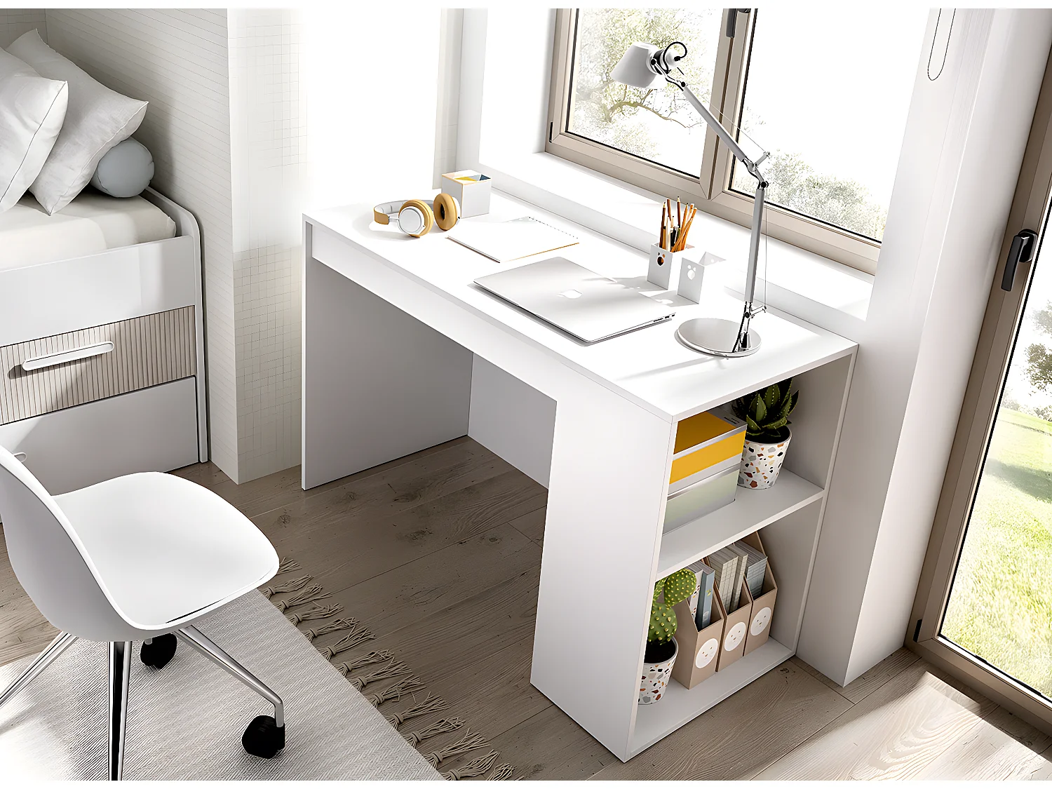 Meuble de bureau, table de bureau pour enfant en bois mélaminé avec 1 étagère et 1 tiroir coloris blanc - Longueur 115 x Profondeur 50 x Hauteur 74 cm