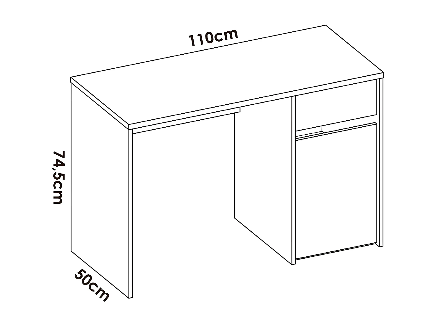 Meuble de bureau, table de bureau en bois mélaminé avec 1 tiroir et 1 porte coloris blanc  - Longueur 110 x Profondeur 50 x Hauteur 74 cm