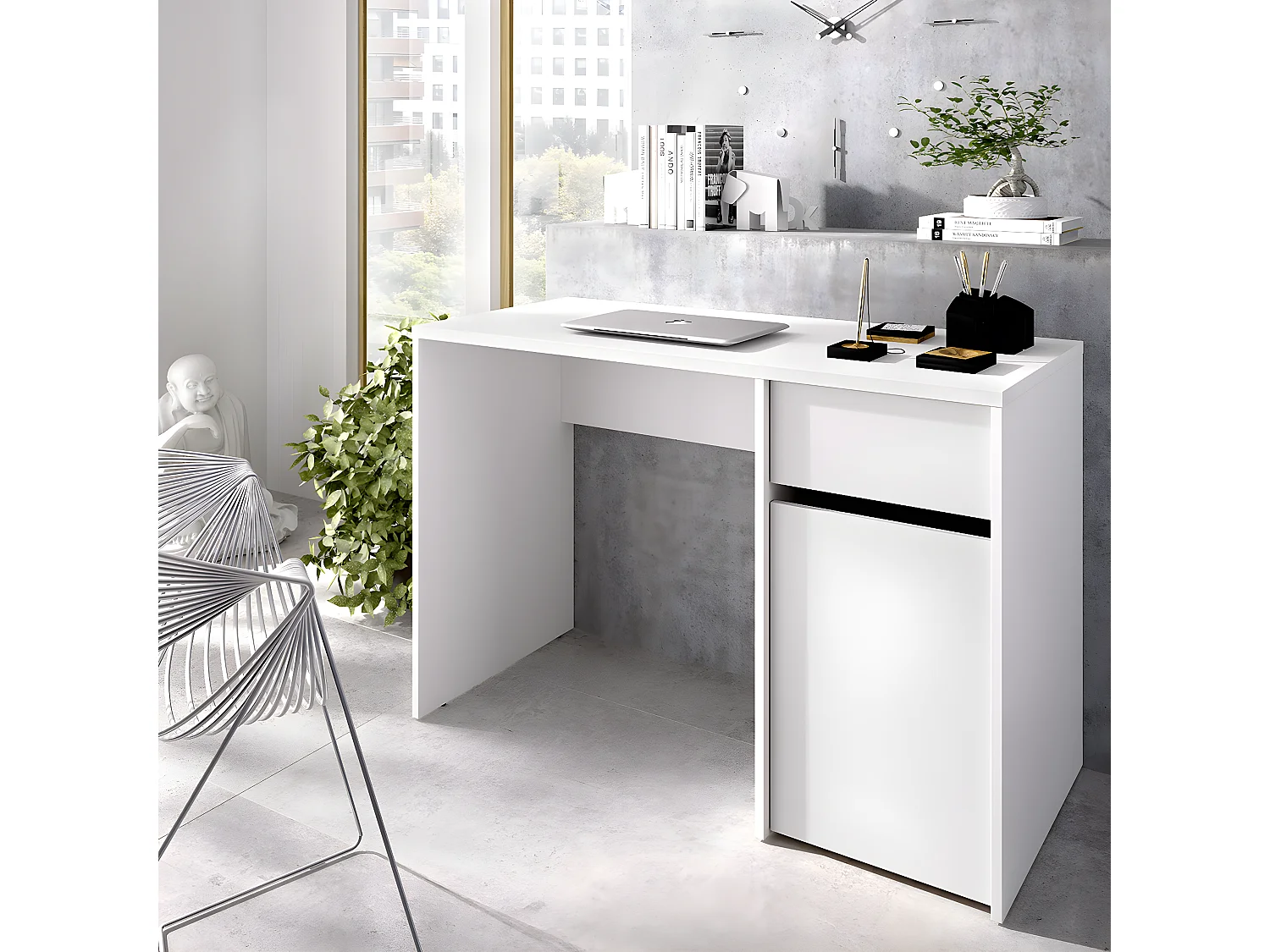 Meuble de bureau, table de bureau en bois mélaminé avec 1 tiroir et 1 porte coloris blanc  - Longueur 110 x Profondeur 50 x Hauteur 74 cm