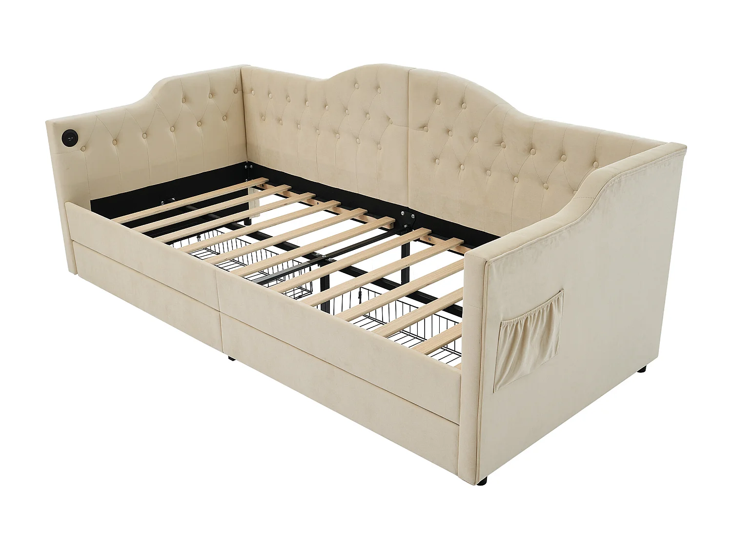 Lit rembourré, canapé-lit, cadre de lit de rangement avec chargeur USB Type C et 2 tiroirs, 90x190 cm, velours beige (sans matelas)