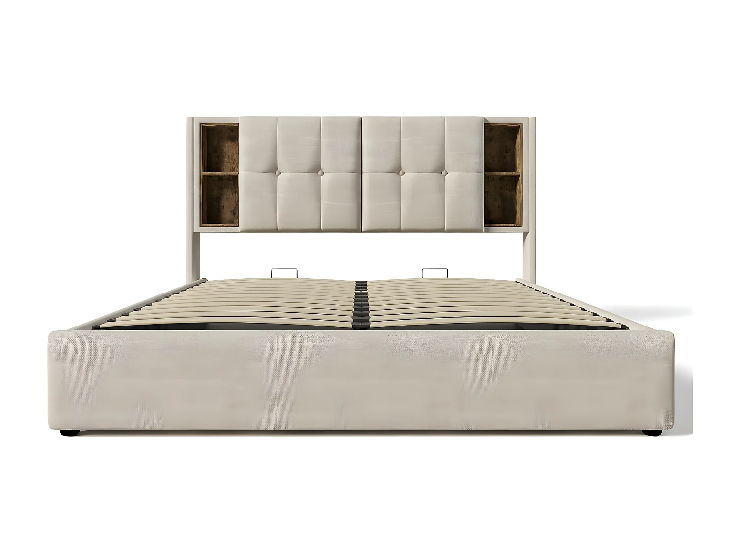 Lit adulte, 160x200 cm cadre de lit double capitonné avec espace de rangement et recharge sans fil USB C, cadre de lit en bois et lin naturel