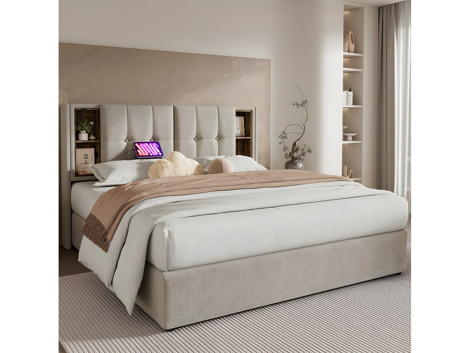 Lit adulte, 160x200 cm cadre de lit double capitonné avec espace de rangement et recharge sans fil USB C, cadre de lit en bois et lin naturel