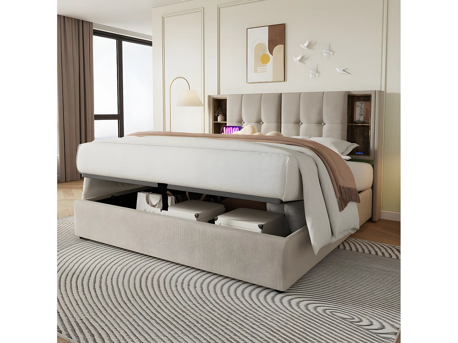 Lit adulte, 160x200 cm cadre de lit double capitonné avec espace de rangement et recharge sans fil USB C, cadre de lit en bois et lin naturel