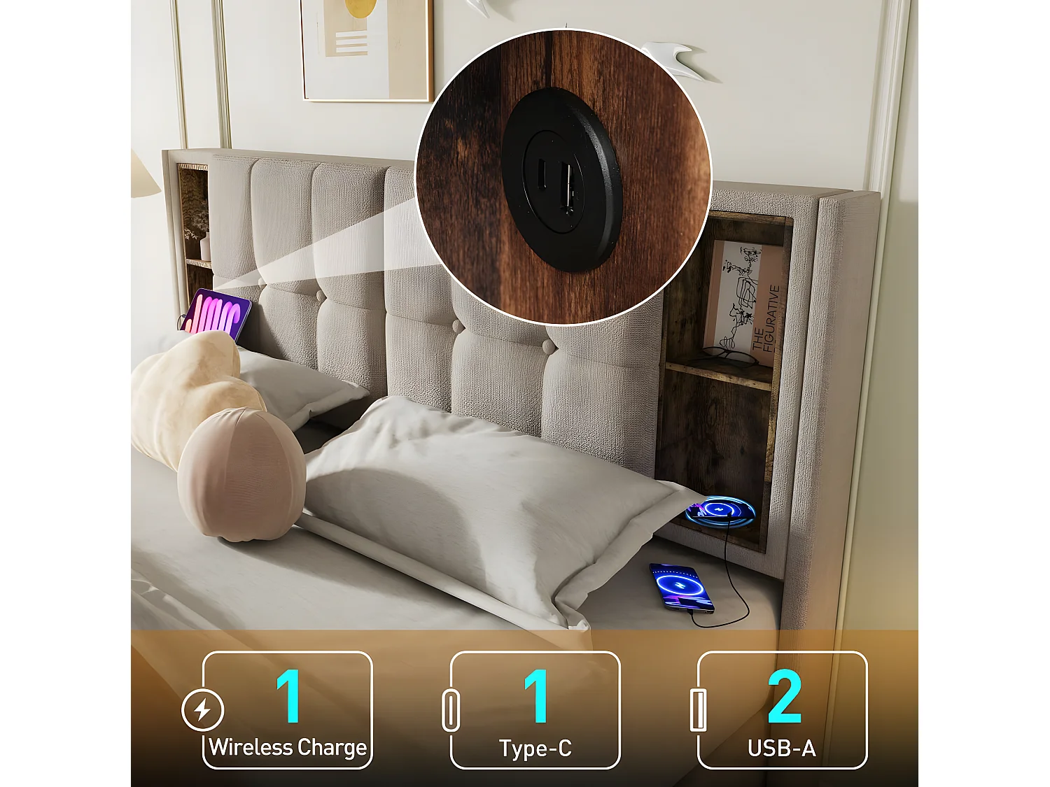 Lit adulte, 160x200 cm cadre de lit double capitonné avec espace de rangement et recharge sans fil USB C, cadre de lit en bois et lin naturel