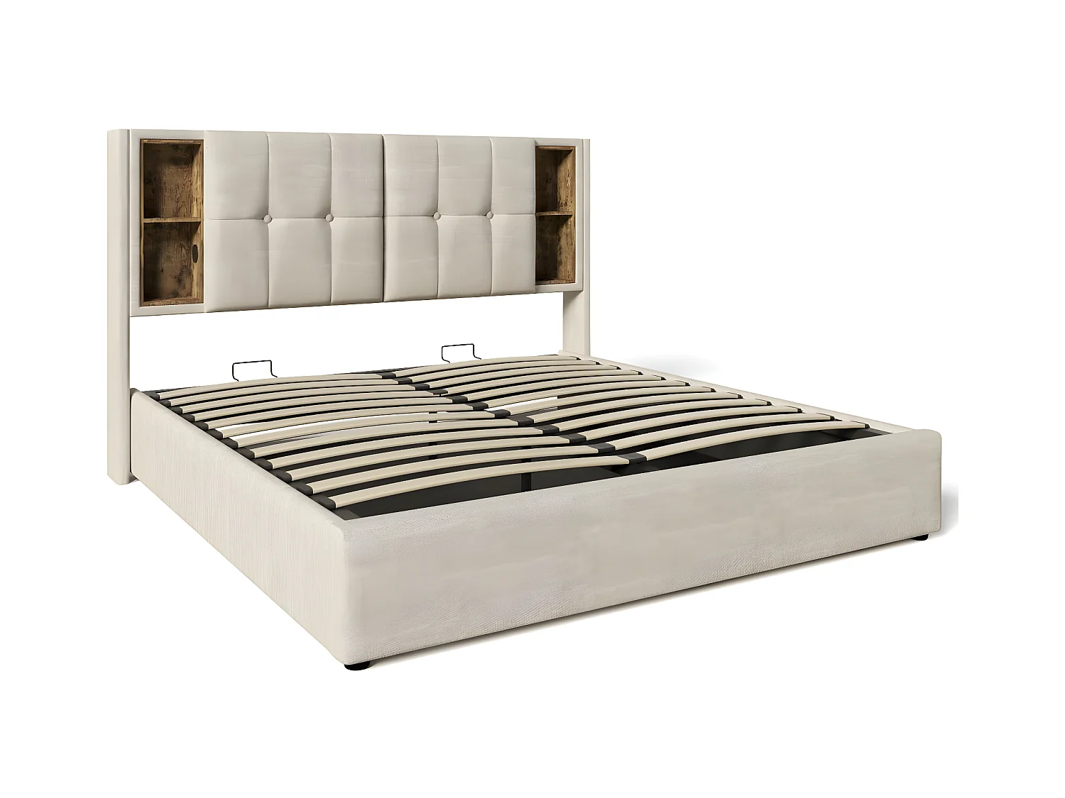 Lit adulte, 160x200 cm cadre de lit double capitonné avec espace de rangement et recharge sans fil USB C, cadre de lit en bois et lin naturel