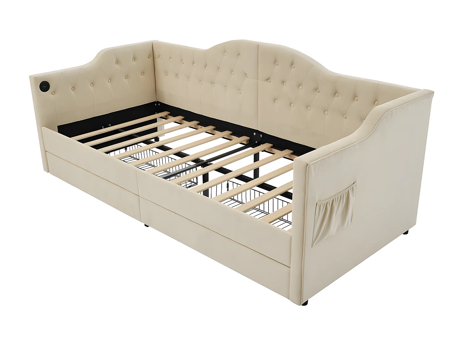 Polsterbett, Schlafsofa, Bettgestell mit USB Typ C-Ladegerät und 2 Schubladen, 90x200 cm, beigefarbener Samtstoff (ohne Matratze)