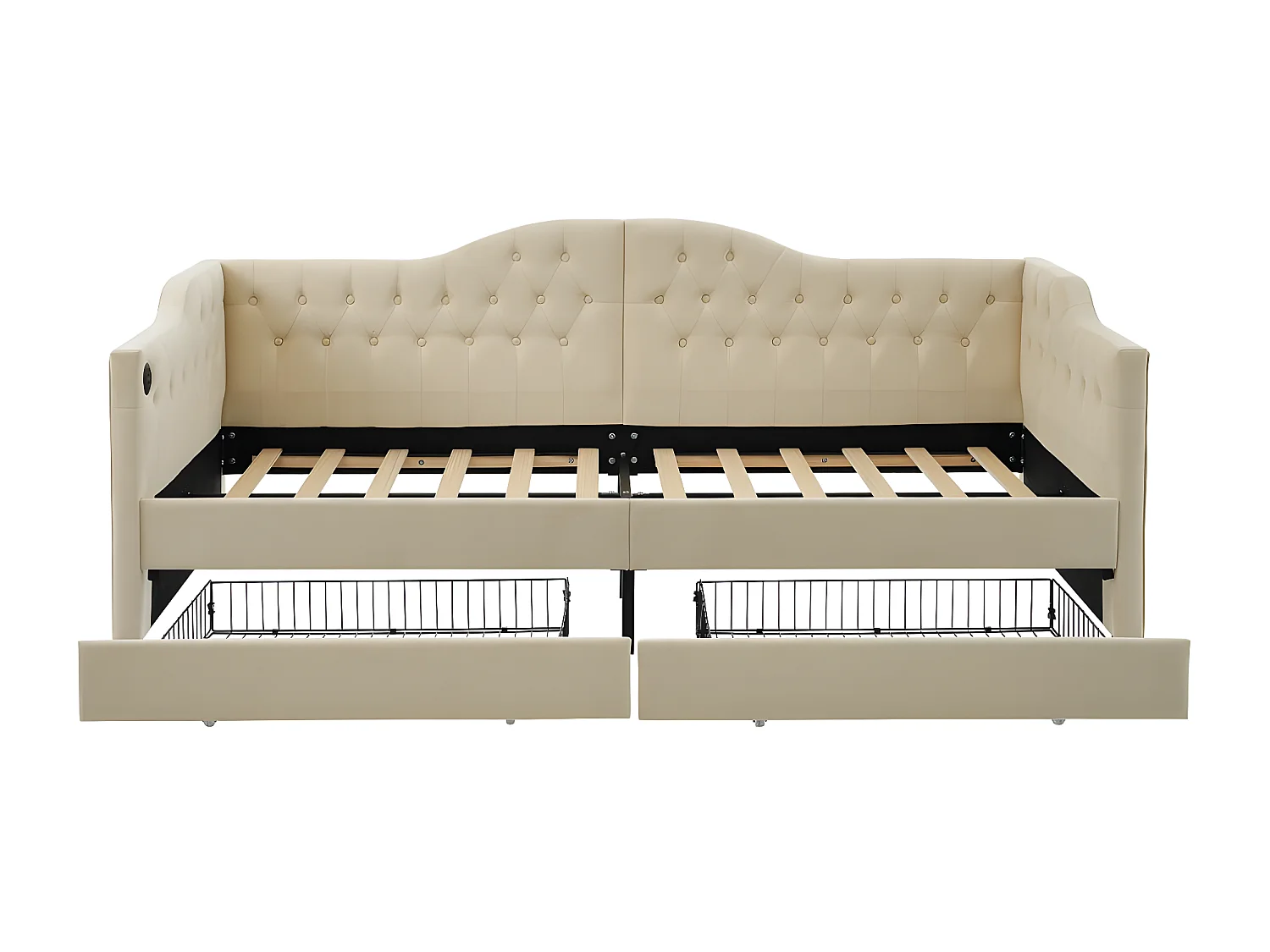 Polsterbett, Schlafsofa, Bettgestell mit USB Typ C-Ladegerät und 2 Schubladen, 90x200 cm, beigefarbener Samtstoff (ohne Matratze)