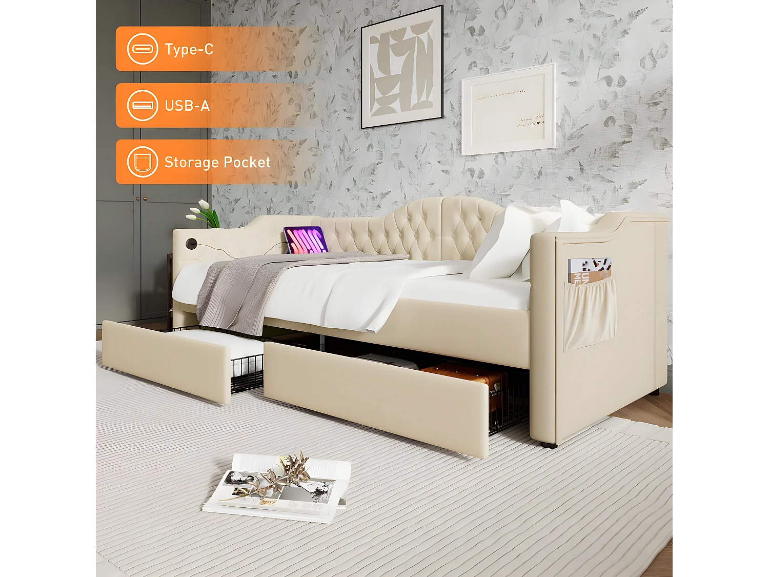 Lit rembourré, canapé-lit, cadre de lit de rangement avec chargeur USB Type C et 2 tiroirs 90x200 cm, tissu velours beige (matelas non inclus)