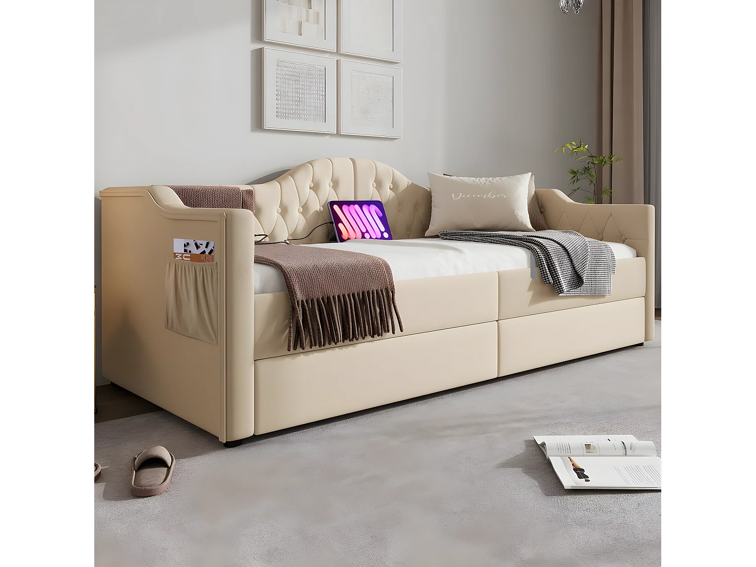 Lit rembourré, canapé-lit, cadre de lit de rangement avec chargeur USB Type C et 2 tiroirs 90x200 cm, tissu velours beige (matelas non inclus)