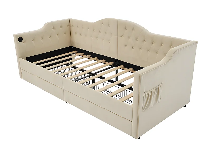 Cama acolchoada para adulto 180 x 607 cm, sem cabeceira, com faixa LED (monocromática), base com suspensão hidráulica, bege.