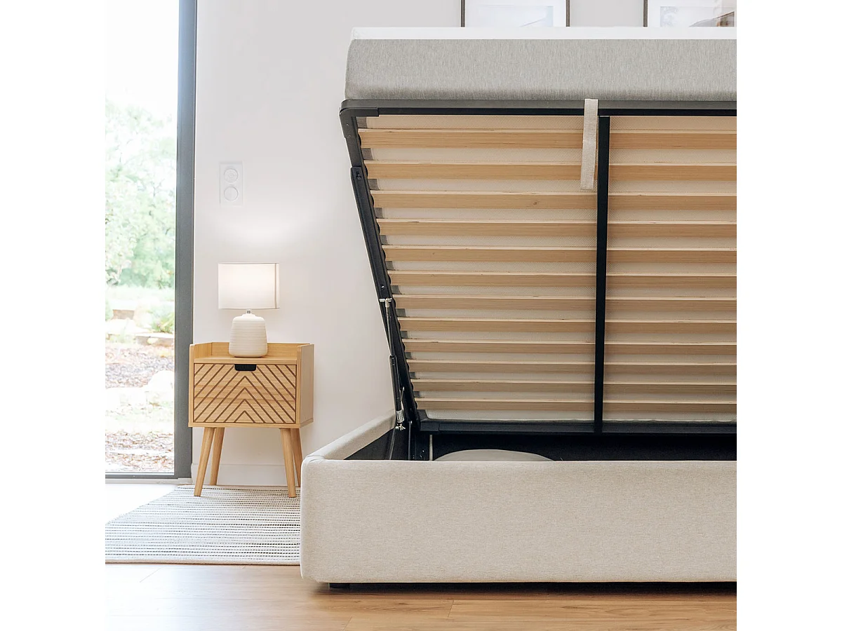 Lit coffre tissu beige 180x200cm