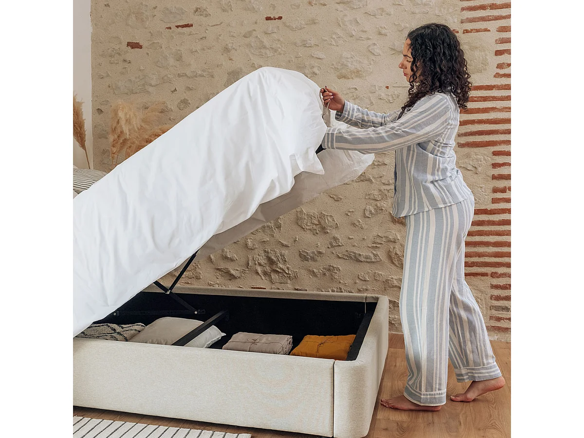 Lit coffre tissu beige 200x200cm