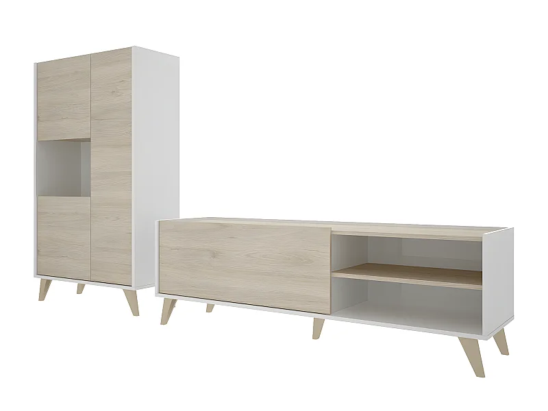 Ensemble de salon avec meuble bas TV + buffet avec 3 portes coloris chêne naturel, blanc