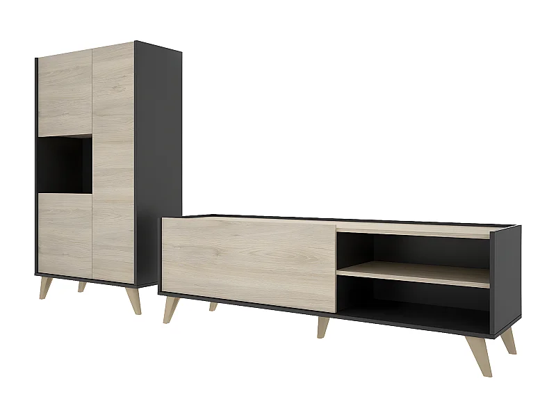 Ensemble de salon en bois mélaminé avec meuble bas TV + buffet coloris chêne naturel, graphite