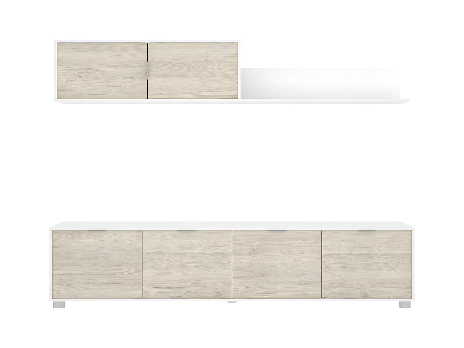 Ensemble de salon avec meuble TV + étagère en bois mélaminé coloris chêne naturel, blanc - Longueur 200 x Profondeur 40 x Hauteur 43/35 cm