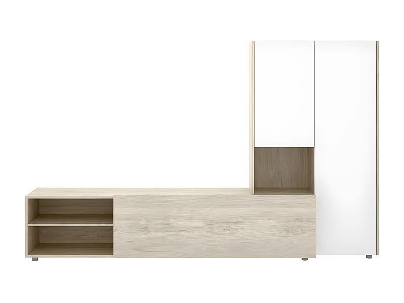 Ensemble de salon avec meuble TV + module haut en bois mélaminé coloris chêne naturel, blanc - Longueur 227 x Profondeur 40 x Hauteur 140 cm