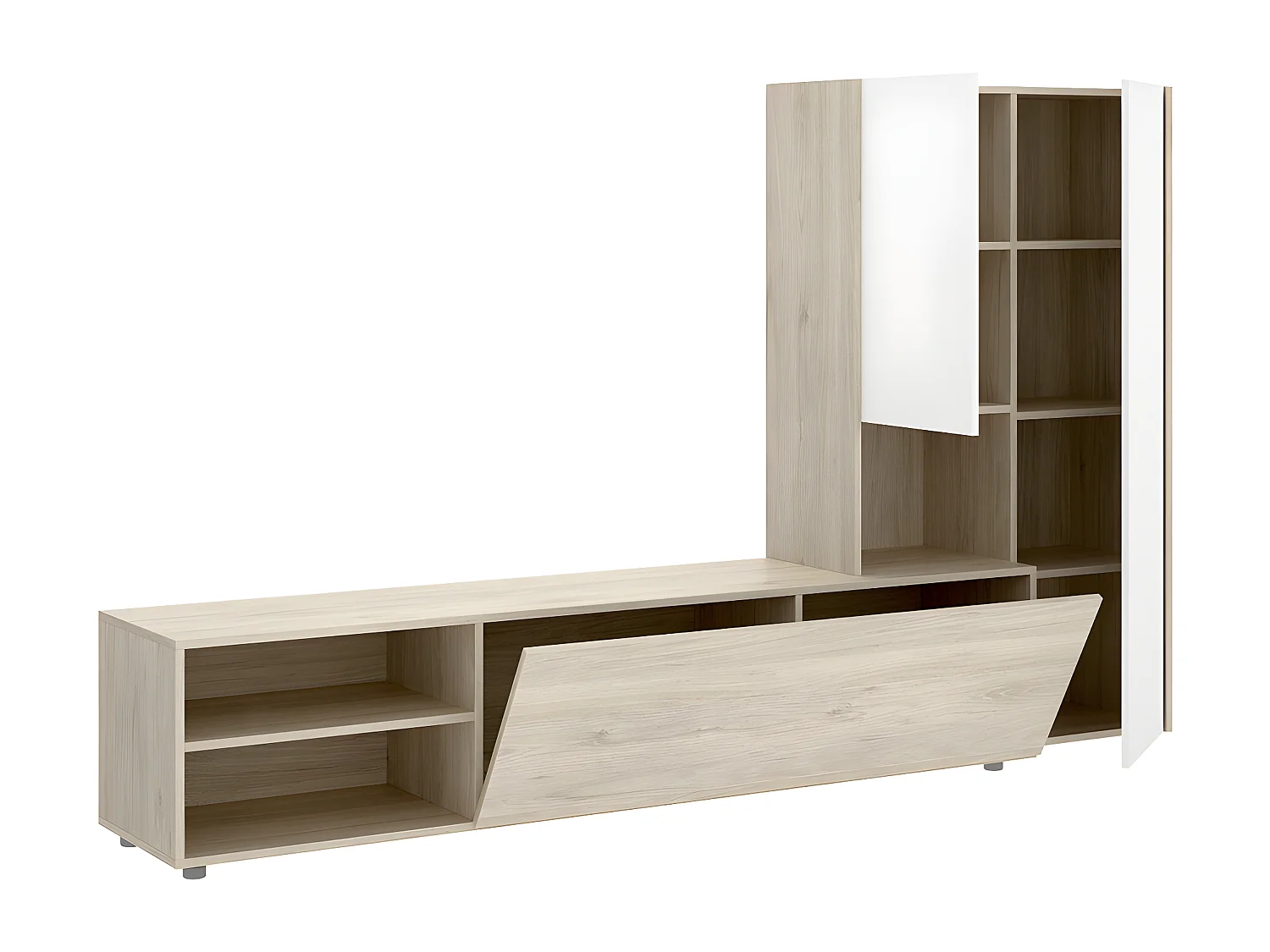 Ensemble de salon avec meuble TV + module haut en bois mélaminé coloris chêne naturel, blanc - Longueur 227 x Profondeur 40 x Hauteur 140 cm
