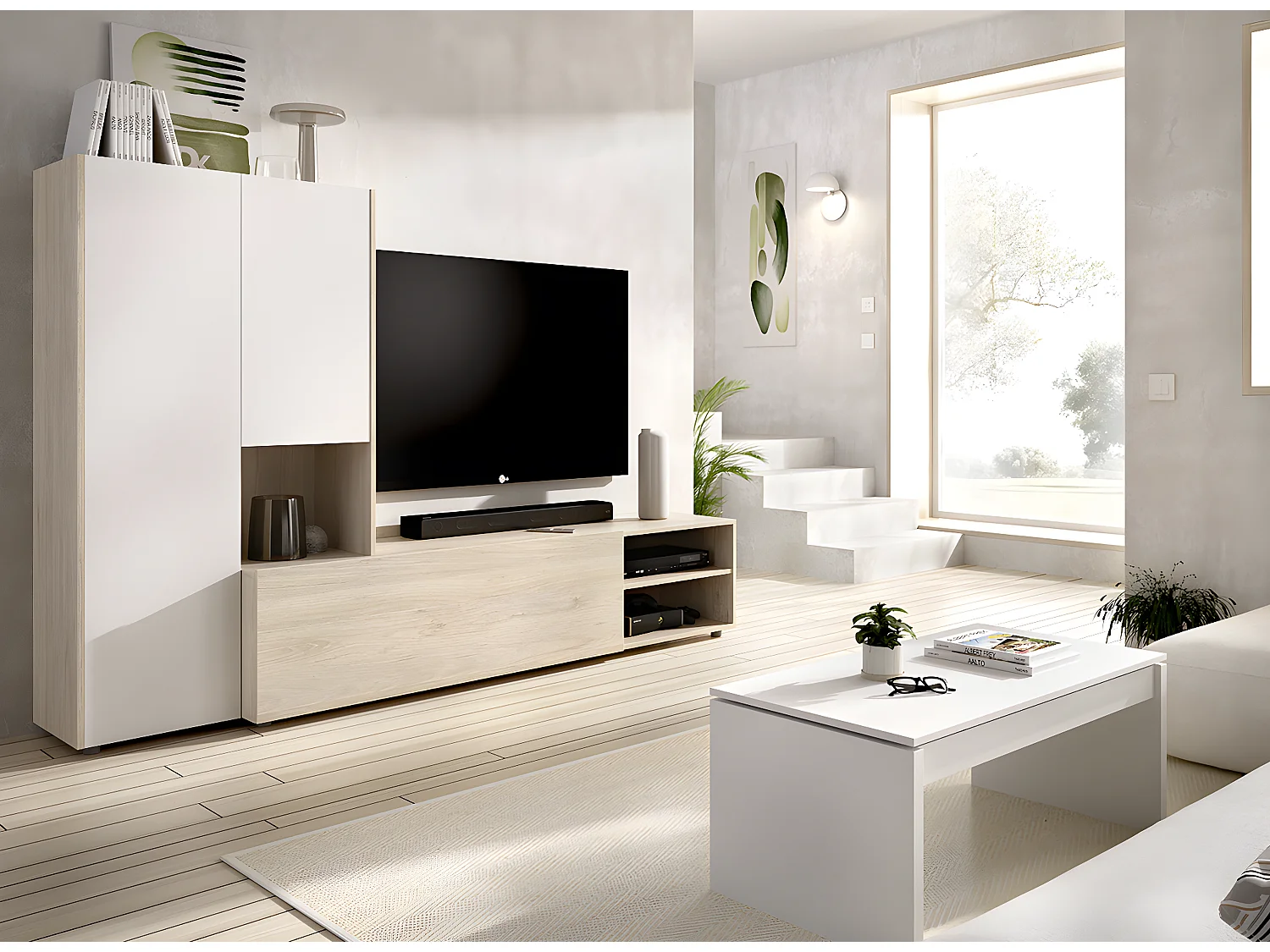 Ensemble de salon avec meuble TV + module haut en bois mélaminé coloris chêne naturel, blanc - Longueur 227 x Profondeur 40 x Hauteur 140 cm