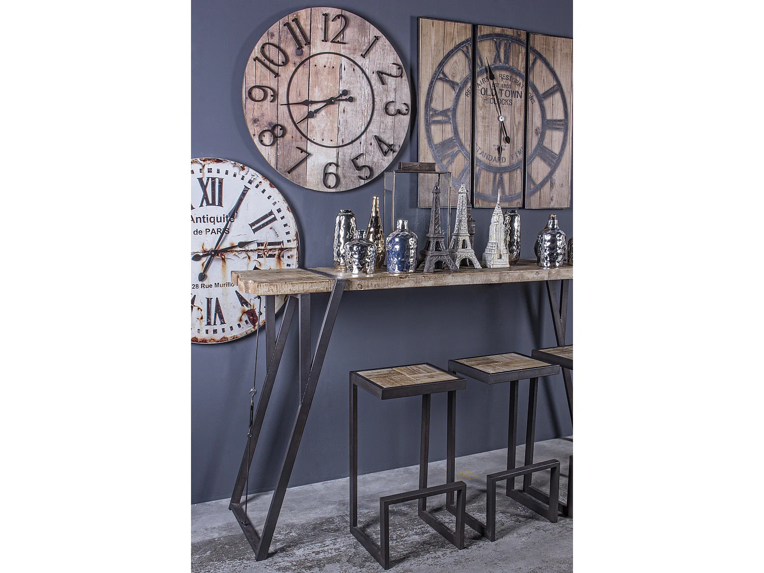 Tabouret en acier noir et assise en bois Bibo - Lot de 2