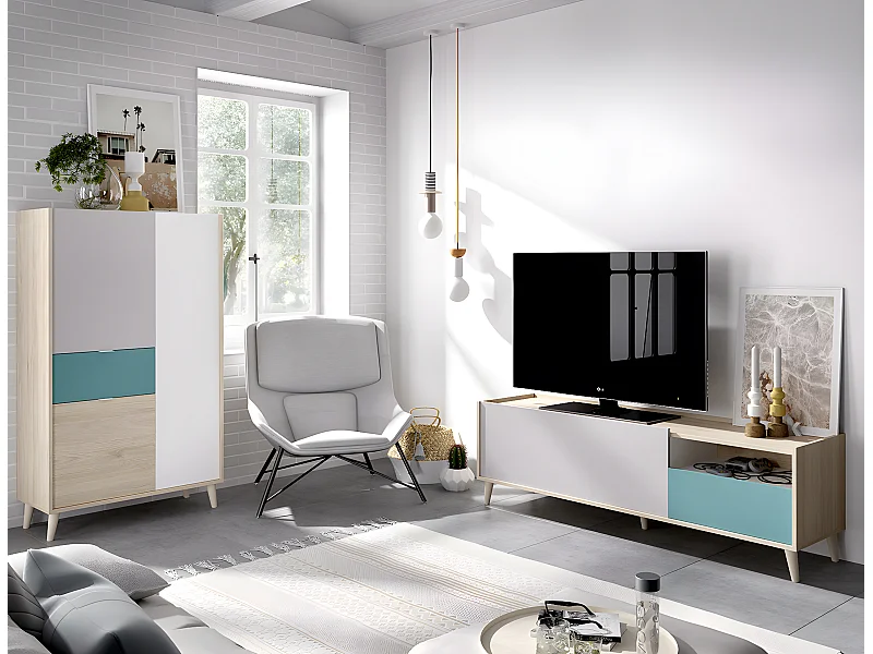 Ensemble de salon en bois mélaminé avec meuble TV + buffet coloris blanc, chêne naturel, Émeraude