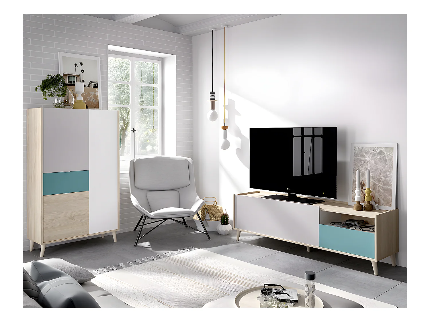 Ensemble de salon en bois mélaminé avec meuble TV + buffet coloris blanc, chêne naturel, Émeraude