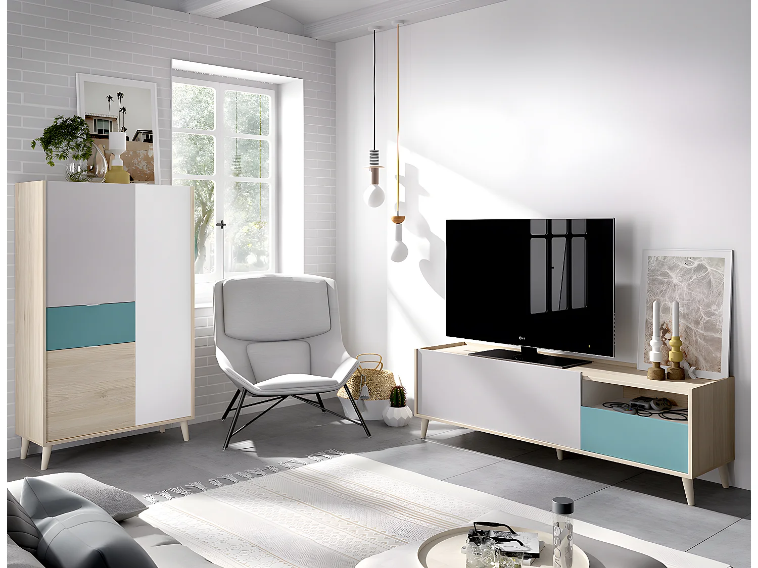 Ensemble de salon en bois mélaminé avec meuble TV + buffet coloris blanc, chêne naturel, Émeraude