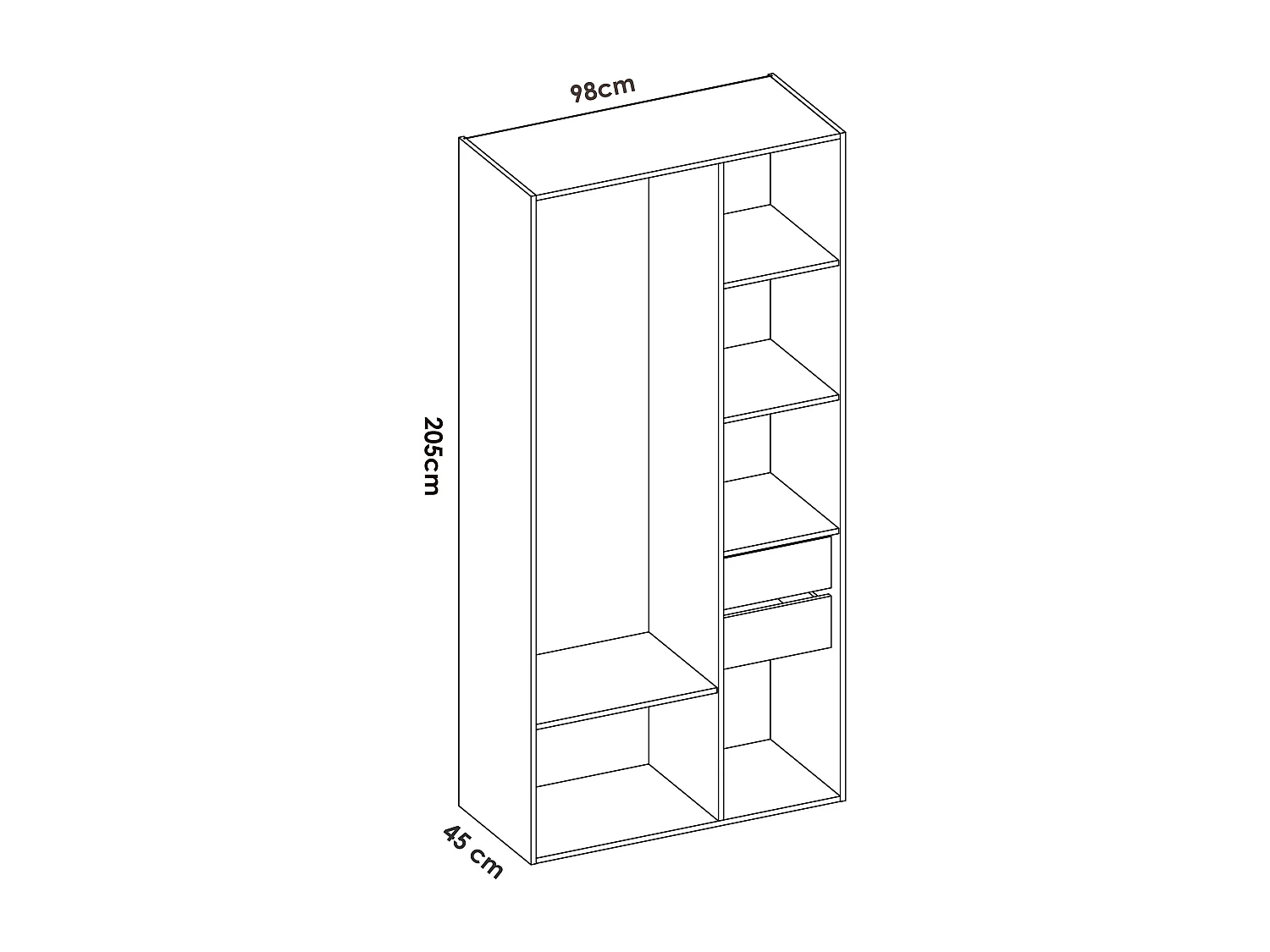 Armoire, meuble de rangement avec 2 tiroirs coloris chêne naturel, blanc - Longueur 98 x Profondeur 45 x Hauteur 205 cm