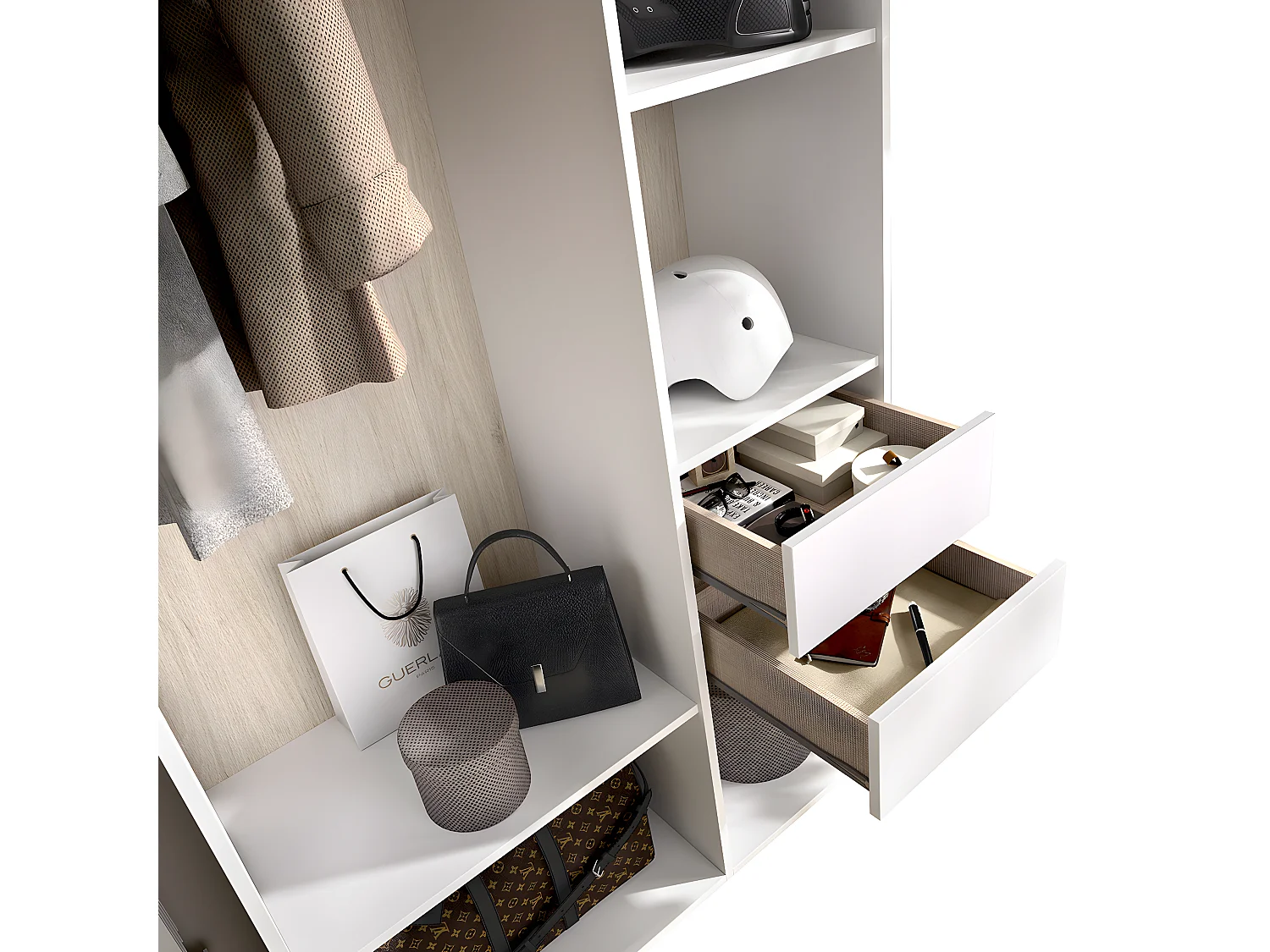 Armoire, meuble de rangement avec 2 tiroirs coloris chêne naturel, blanc - Longueur 98 x Profondeur 45 x Hauteur 205 cm