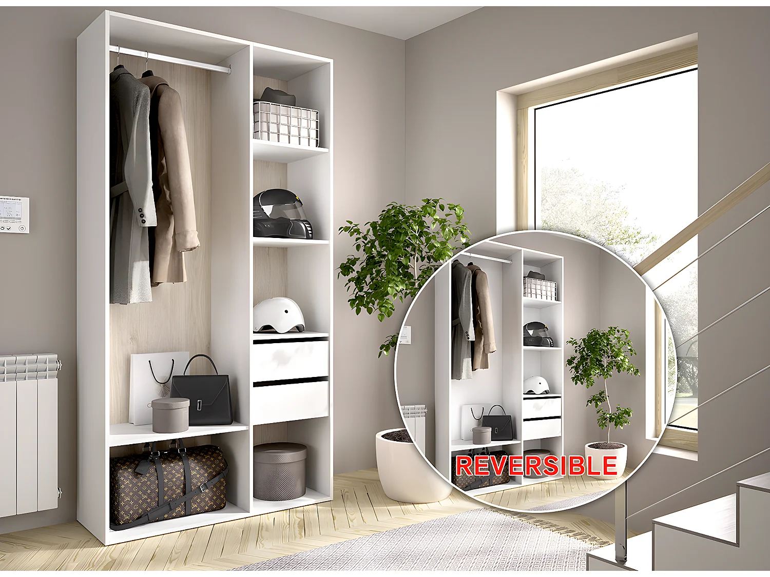 Armoire, meuble de rangement avec 2 tiroirs coloris chêne naturel, blanc - Longueur 98 x Profondeur 45 x Hauteur 205 cm