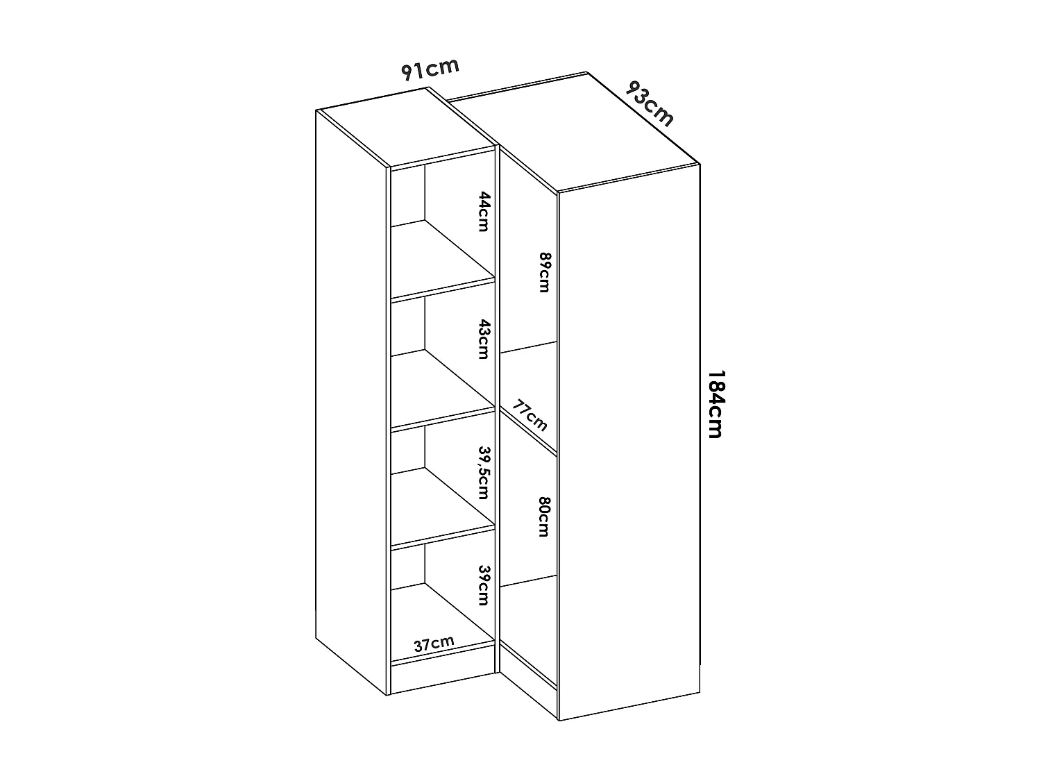 Armoire d'angle, meuble de rangement en bois mélaminé coloris chêne naturel - Longueur 173 x Profondeur 90 x Hauteur 184 cm