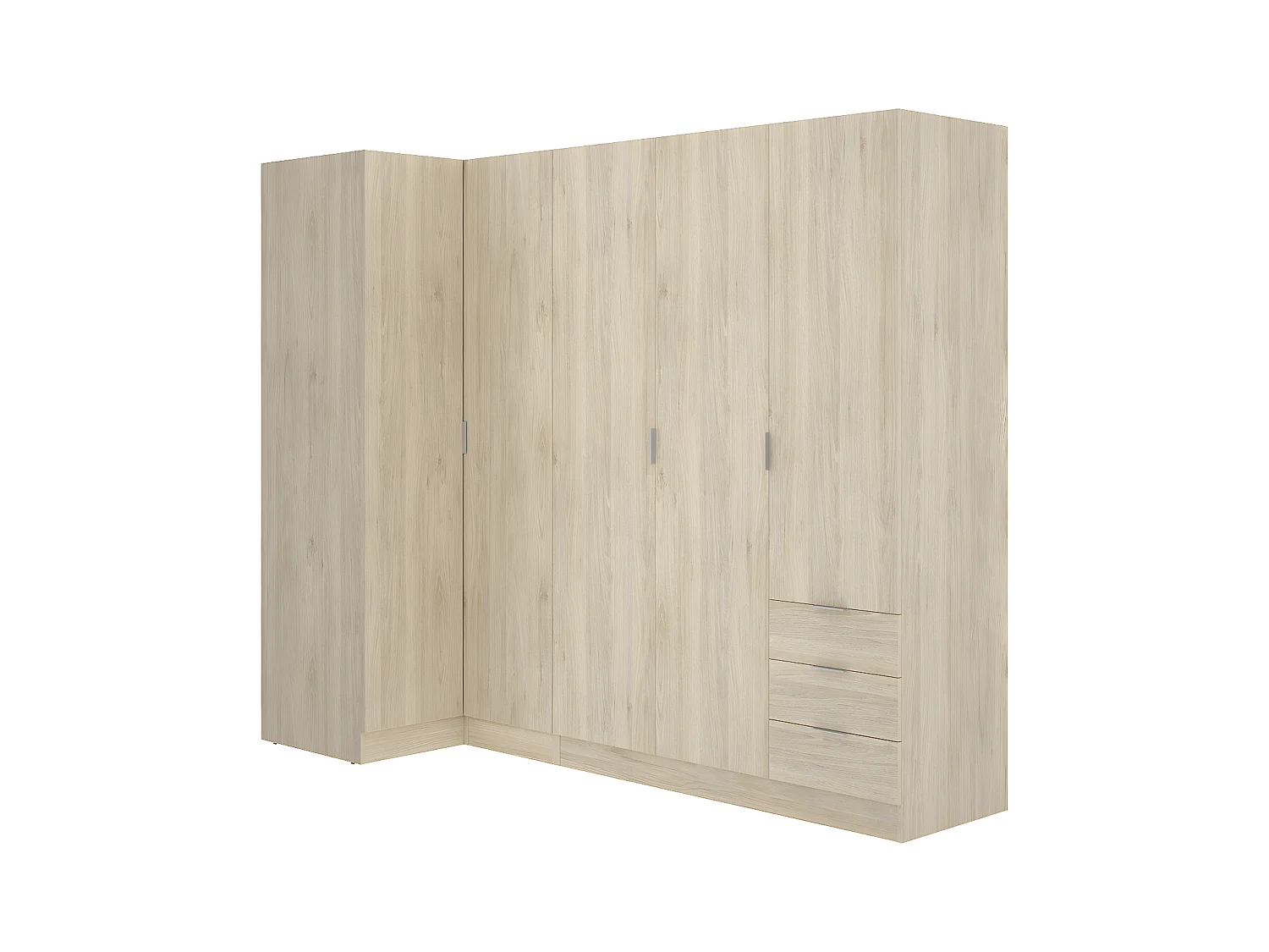 Armoire d'angle, meuble de rangement en bois mélaminé coloris chêne naturel - Longueur 213 x Profondeur 90 x Hauteur 184 cm