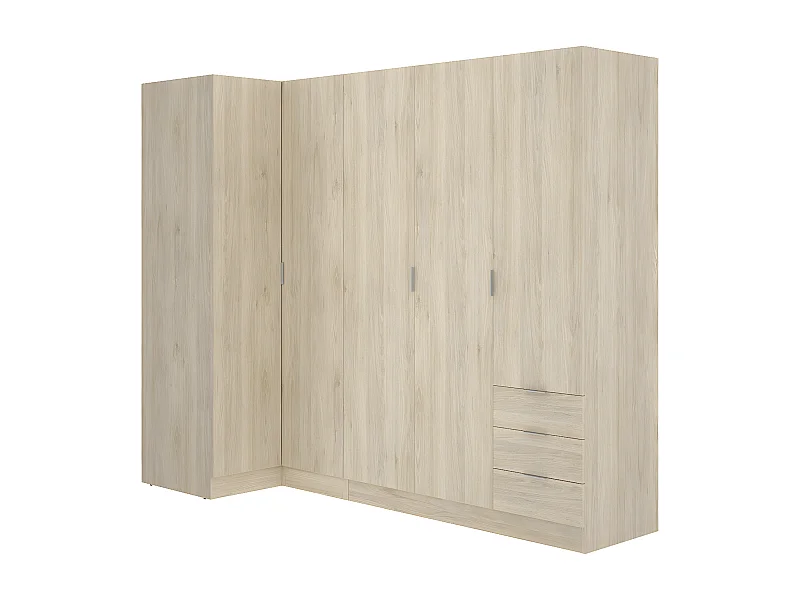 Armoire d'angle, meuble de rangement en bois mélaminé coloris chêne naturel - Longueur 213 x Profondeur 90 x Hauteur 184 cm
