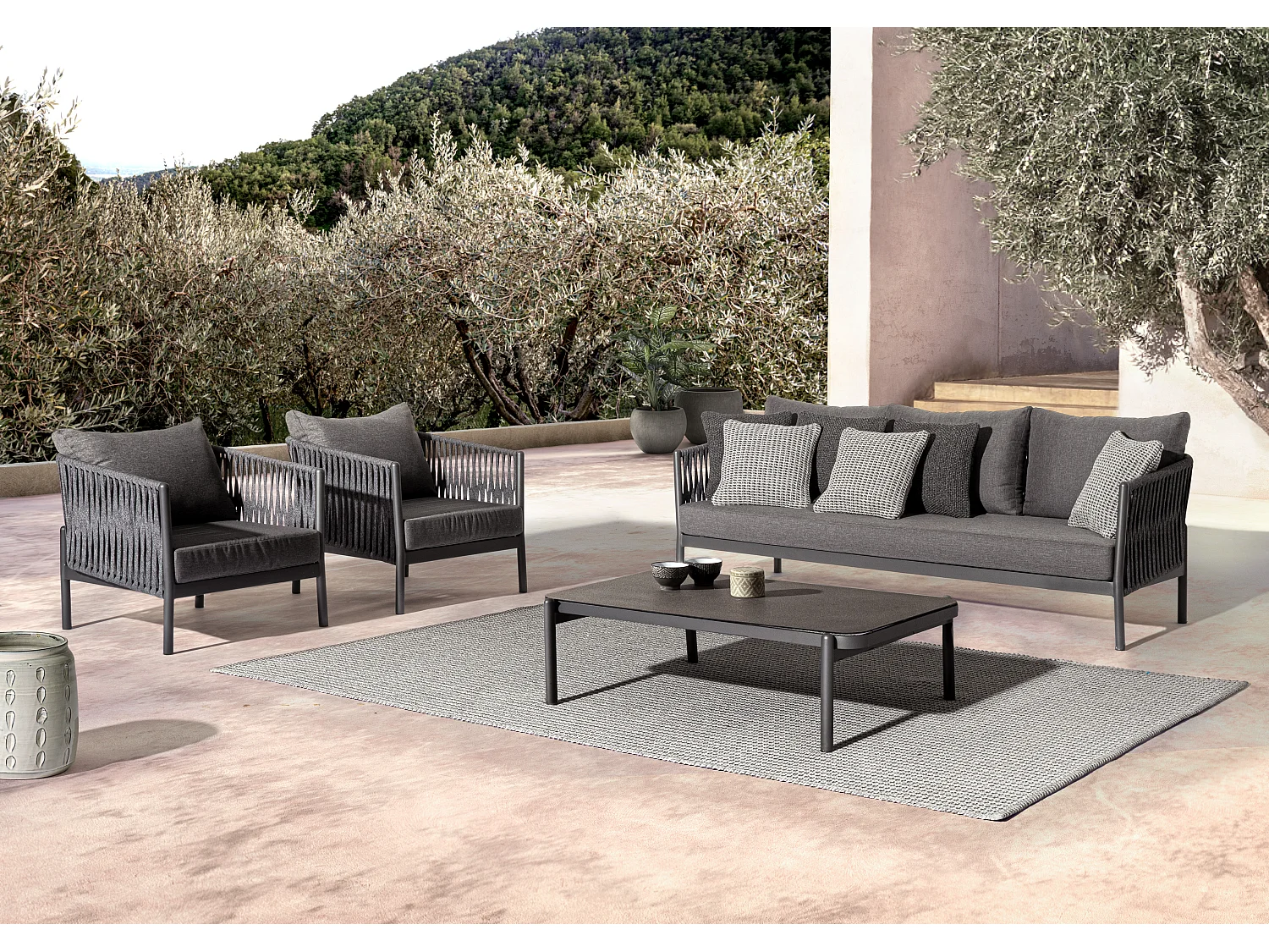 Fauteuil de jardin aluminium et tressage de cordes anthracite Flora