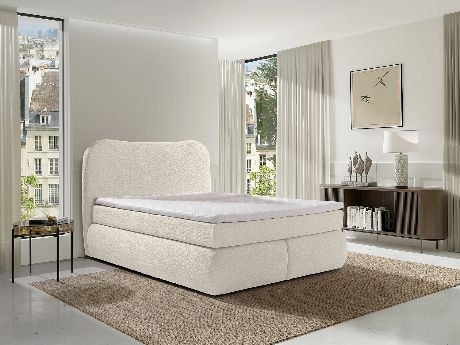 Ensemble complet boxspring tête de lit + sommier + matelas + surmatelas - 160 x 200 cm - Tissu bouclette - Beige - TRAVINO de YSMÉE