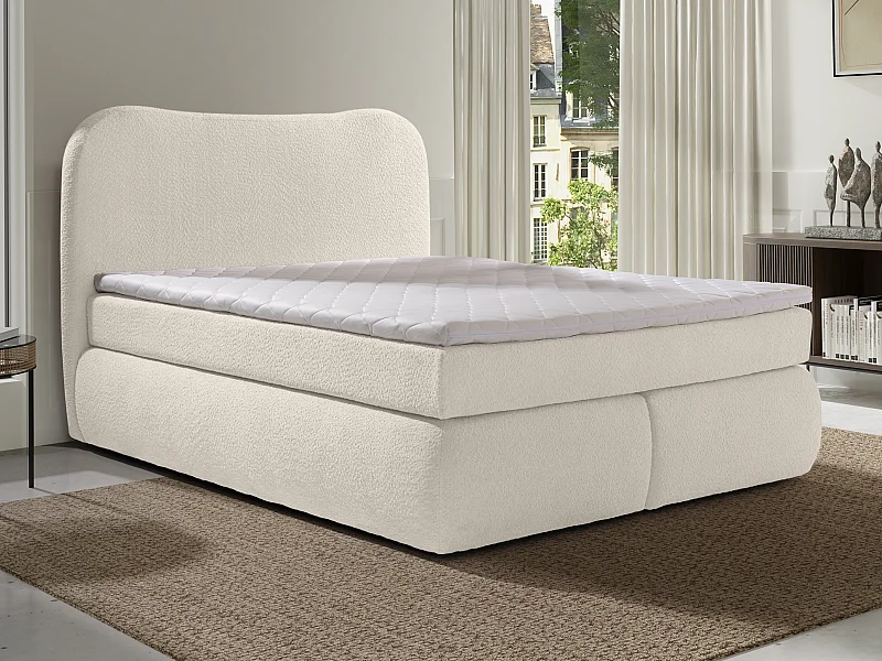 Boxspringbett komplett mit Bett-Kopfteil + Bettgestell + Matratze + Topper - 180 x 200 cm - Bouclé-Stoff - Beige - TRAVINO von YSMÉE