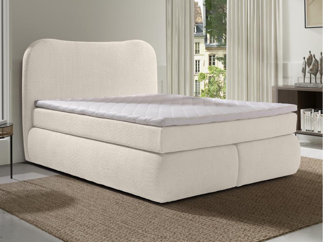 Ensemble complet boxspring tête de lit + sommier + matelas + surmatelas - 180 x 200 cm - Tissu bouclette - Beige - TRAVINO de YSMÉE