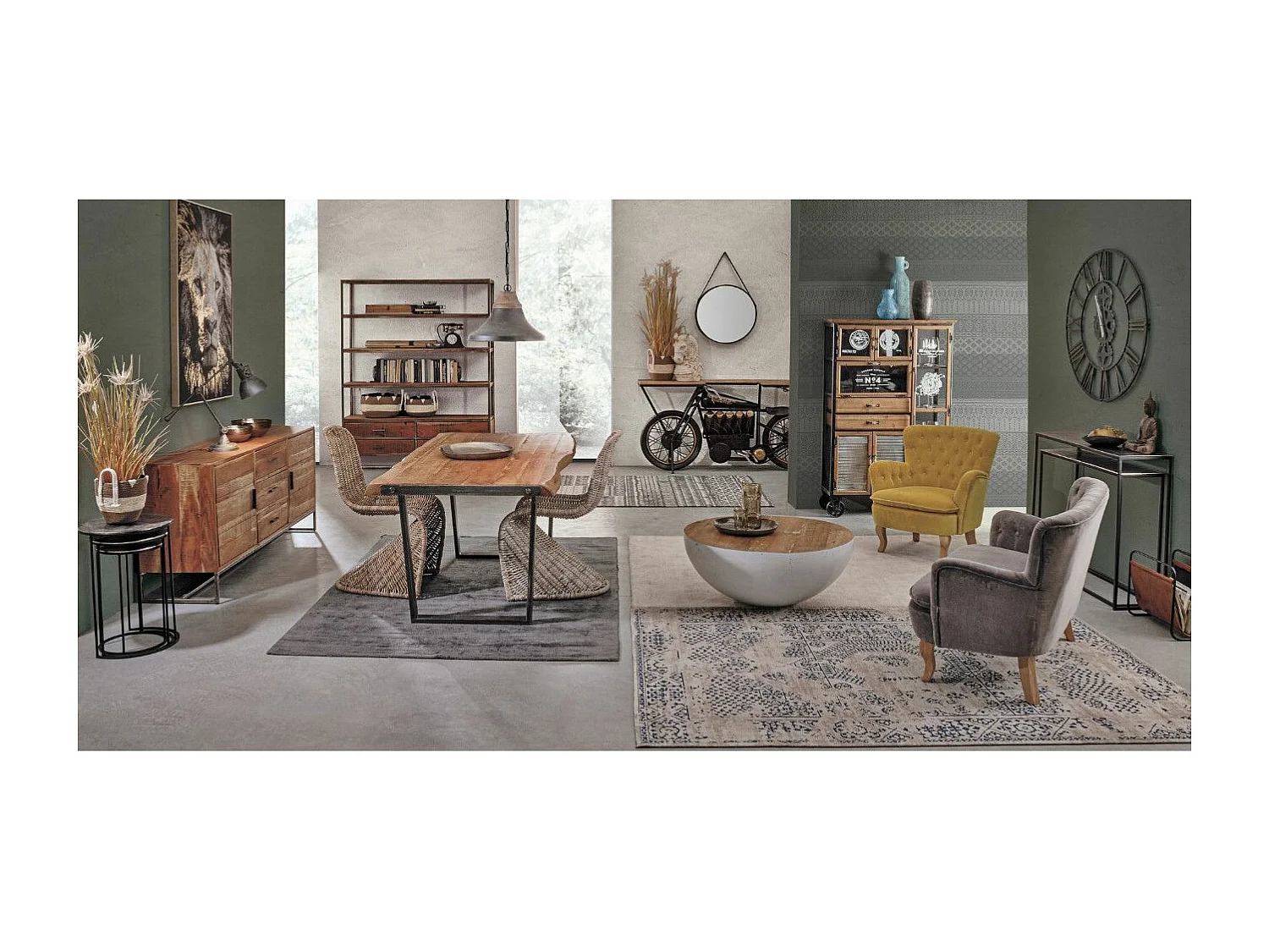 Table à manger rectangulaire 12 places en bois d'acacia sur 2 pieds acier noir Kadone 220cm