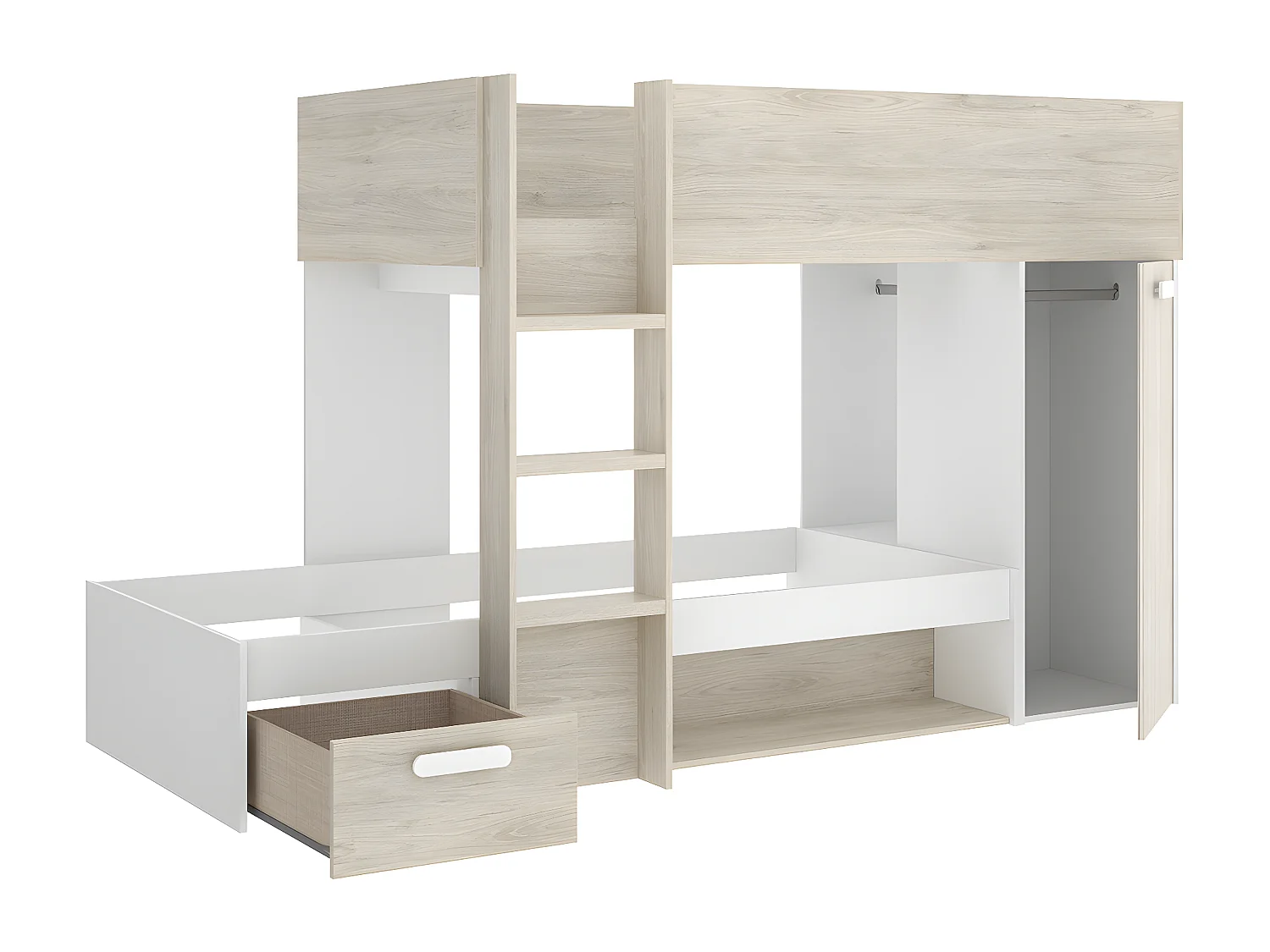 Lit superposé enfant coloris chêne naturel, blanc, imitation lamelles, couchage 90 x190 cm - longueur 245 x profondeur 111 x hauteur 150 cm