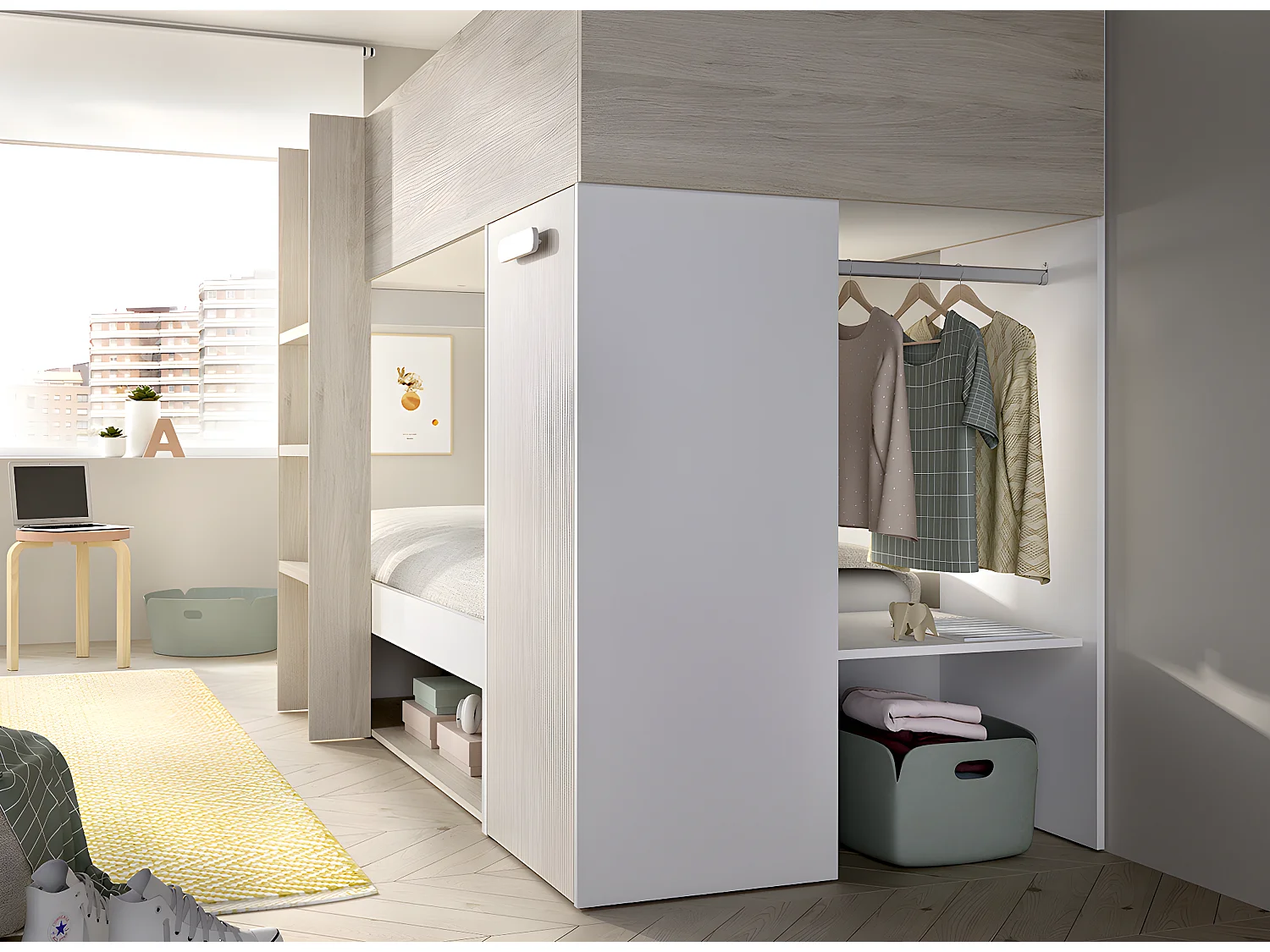 Lit superposé enfant coloris chêne naturel, blanc, imitation lamelles, couchage 90 x190 cm - longueur 245 x profondeur 111 x hauteur 150 cm